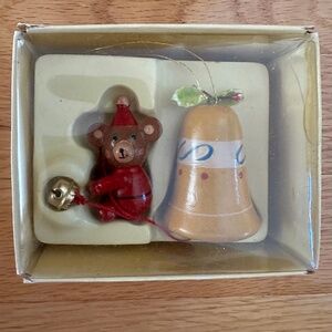 Vintage Russ Berrie Country Antique Ornaments Wood Bear and Bell